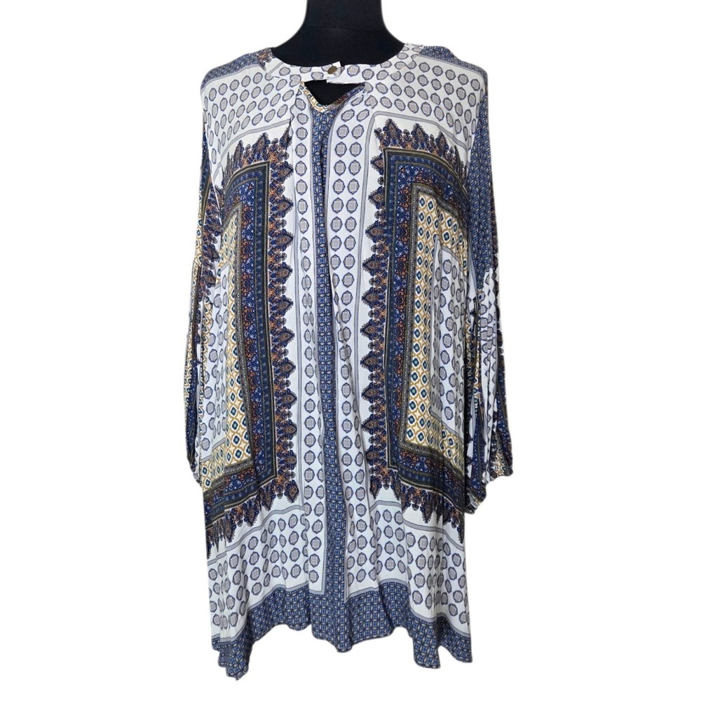 Velzera Tunic Top‎ Shirt Geometric Mixed Print Pleated Sleeves Boho Women's 2X